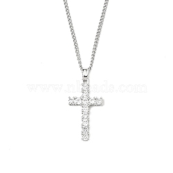 Brass Micro Pave Clear Zirconia Cross Pendant Necklaces, 201 Stainless Steel Chains Necklaces, Stainless Steel Color, 23.54 inch(59.8cm), Crass: 26.5x15mm(NJEW-M211-05C-P)