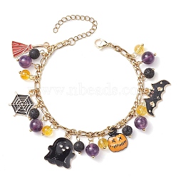 Halloween Natural Lava Rock and Glass Charms Bracelets, with Alloy Enamel Ghost Pumpkin Bat Pendants, Colorful, 7-1/2 inch(19cm)(BJEW-TA00475)