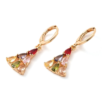 Rack Plating Golden Brass Dangle Leverback Earrings, with Cubic Zirconia, Triangle, Colorful, 32x12mm