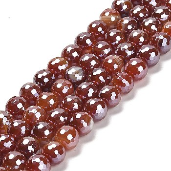 Electroplated Natural Agate Round Beads Strands, Dyed & Heated, Faceted(128 Facets), FireBrick, 10mm, Hole: 1.4mm, about 38pcs/strand, 14.96 inch(38cm)