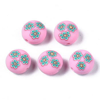 Handmade Polymer Clay Beads, for DIY Jewelry Crafts Supplies, Flat Round with Flower, Pearl Pink, 12x8.5mm, Hole: 1.6mm