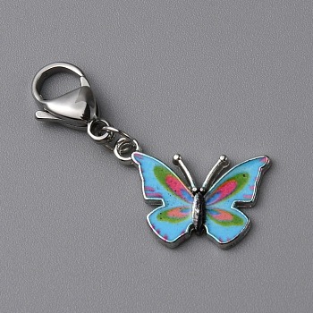 Butterfly Alloy Enamel Pendant Decoration, Stainless Steel Lobster Clasp Charms, Clip-on Charms, for Keychain, Purse, Backpack Ornament, Deep Sky Blue, 39mm