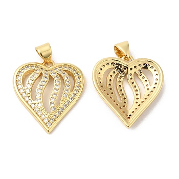 Real 16K Gold Plated Brass Micro Pave Clear Cubic Zirconia Pendants, Heart Charms, Clear, 22x20x3.5mm, Hole: 4x3.5mm