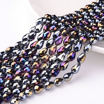 Electroplate Glass Beads Strands, AB Color Plated, Faceted Teardrop, Black, 12x8mm, 58pcs/strand, 26.5 inch