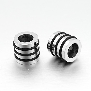 Nice Big Hole 304 Stainless Steel Wrapped Black Rubber Column Beads, Stainless Steel Color, 10x10mm, Hole: 6mm