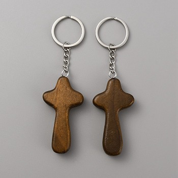 Natural Wood Pendant Keychain, with Iron Key Ring, for Handbag Backpack Car Key Decoration, Religion, Saddle Brown, 11.9cm