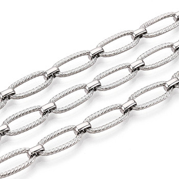 Brass Textured Oval Link Chains, Unwelded, with Spool, Platinum, 15x6.5x1.5mm, about 16.40 Feet(5m)/Roll