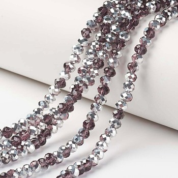 Electroplate Transparent Glass Beads Strands, Half Silver Plated, Faceted, Rondelle, Coconut Brown, 4x3mm, Hole: 0.4mm, about 113~115pcs/strand, 41~42cm