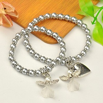 Lovely Wedding Dress Angel Jewelry Sets for Mother and Daughter, Stretch Bracelets, with Glass Pearl Beads and Tibetan Style Beads, Light Grey, 45mm and 55mm inner diameter