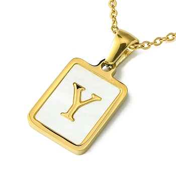 Ion Plating(IP) Rectangle with Initial Letter 304 Stainless Steel Pendant Necklace, white Shell, Real 18K Gold Plated, Letter Y, 16.06 inch(40.8cm)