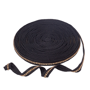 Polyamide Yarn Ribbon, with Aluminum Curb Chain, Flat, Black, 1/2"(13mm), 9.5~10yards/card(8.69~9.14m/card)