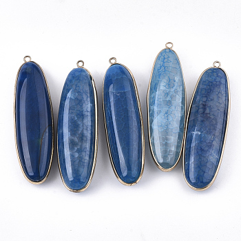 Natural Agate Big Pendants, with Brass Findings, Dyed, Oval, Golden, Marine Blue, 73~74x20~22x12~16mm, Hole: 2mm