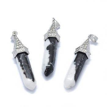 Natural Zebra Jasper Pointed Pendants, with Alloy Findings, Bullet, Platinum, 61x14.5x12.5mm, Hole: 3.5x
7.5mm