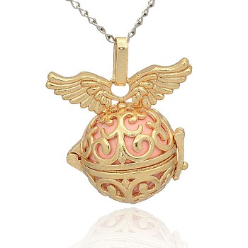 Golden Tone Brass Hollow Round Cage Pendants, with No Hole Spray Painted Brass Round Beads, Pink, 31x30x21mm, Hole: 3x8mm