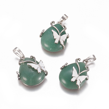Natural Green Aventurine Pendants, with Enamel and Brass Findings, teardrop, with Butterfly, Platinum, 30x23.5x12mm, Hole: 10x6mm