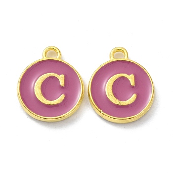 Golden Plated Alloy Enamel Charms, Cadmium Free & Lead Free, Enamelled Sequins, Flamingo, Flat Round with Letter, Letter.C, 14x12x2mm, Hole: 1.4mm