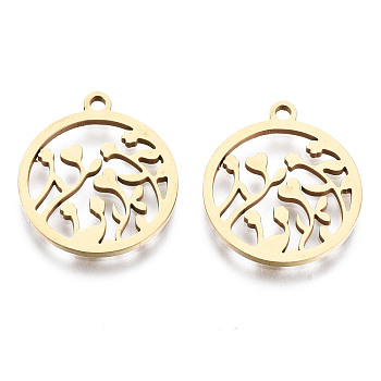 201 Stainless Steel Pendants, Laser Cut, Ring with Flower, Golden, 17x15x1mm, Hole: 1.4mm