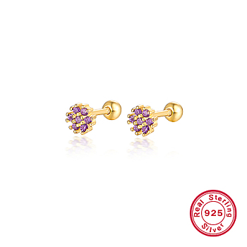 Real 18K Gold Plated 925 Sterling Silver Flower Stud Earrings, with Cubic Zirconia, Purple, 5mm