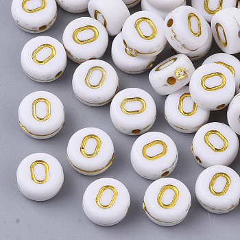 Plating Acrylic Beads, Golden Metal Enlaced, Horizontal Hole, Flat Round with Alphabet, White, Letter.O, 7x3.5mm, Hole: 1.2mm, about 360pcs/50g