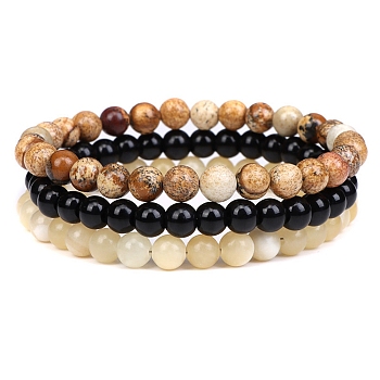 3Pcs 3 Style Natural Picture Jasper & Black Agate & Citrine Round Beaded Stretch Bracelets Set, Gemstone Stackable Bracelets for Woman, Wide: 6mm, 7-1/4~7-1/2 inch(18.5~19cm), 1Pc/style