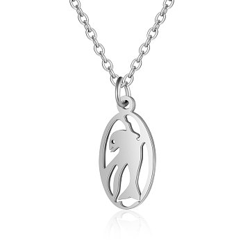 201 Stainless Steel Pendant Necklaces, with Cable Chains, Oval with Dolphin, Stainless Steel Color, 15.7 inch(40cm), 1.5mm, Oval: 20x10.5x1mm