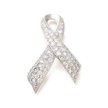 Silk Ribbon Brass Micro Pave Clear Cubic Zirconia Brooches, Long-Lasting Plated, Cadmium Free & Lead Free, Platinum, 60x38mm