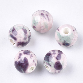 Handmade Porcelain Beads, Fancy Antique Glazed Porcelain, Round, Misty Rose, 10.5x9.5mm, Hole: 2.5mm