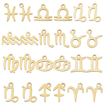 24Pcs 12 Style 12 Constellations Manual Polishing 304 Stainless Steel Charms, Golden, 12 Constellations, 7.5~12x6~10.5x1mm, Hole: 1.2mm, 2pcs/style