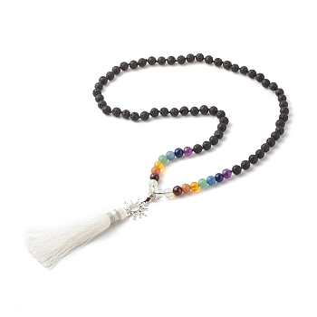 Sun and Tassel Big Pendant Buddhist Necklace, Natural Lava Rock & Mixed Gemstone Mala Beads Jewelry for Women, 27.56 inch(70cm)