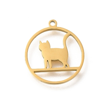 304 Stainless Steel Pendants, Laser Cut, Ring with Cat Charm, Real 18K Gold Plated, 17.5x15.5x1mm, Hole: 1.2mm