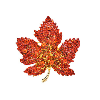 Autumn Maple Leaf Light Gold Alloy Rhinestone Brooch Pins, for Sweaters Coats, Hyacinth, 50x47mm