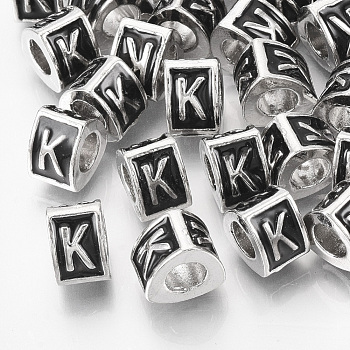 Alloy European Beads, Enamel Style, Large Hole Beads, Triangle with Letter, Platinum, Black, Letter.K, 9.5x9x6.5mm, Hole: 5mm