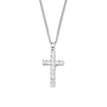 Brass Micro Pave Clear Zirconia Cross Pendant Necklaces, 201 Stainless Steel Chains Necklaces, Stainless Steel Color, 23.54 inch(59.8cm), Crass: 26.5x15mm