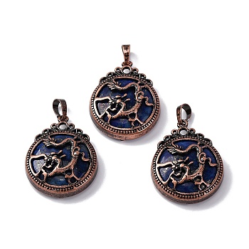 Dyed Natural Lapis Lazuli Pendants, Flat Round Brass Charms, Lead Free & Cadmium Free, 34.5x27x8mm, Hole: 6.5x5mm