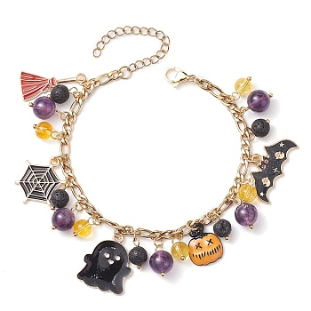 Halloween Natural Lava Rock and Glass Charms Bracelets, with Alloy Enamel Ghost Pumpkin Bat Pendants, Colorful, 7-1/2 inch(19cm)