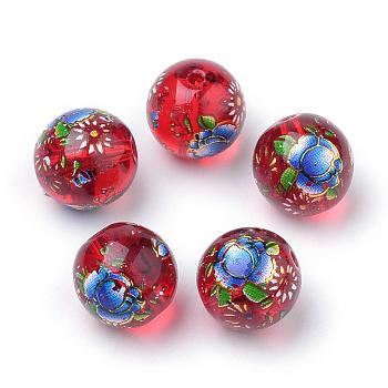 Printed Glass Beads, Round with Flower Pattern, Red, 10x9mm, Hole: 1.5mm