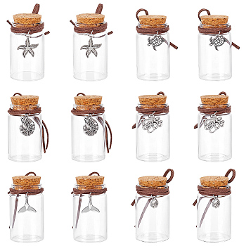 12Pcs 6 Styles Glass Bottle, with Alloy Charms, Antique Silver, 6.7cm, 2pcs/style