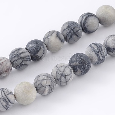 Round Frosted Natural Black Silk Stone/Netstone Bead Strands(X-G-M248-8mm-03)-1