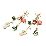 Christmas Theme Alloy Enamel Dangle Stud Earrings, with Handmade Polymer Clay & Shell Pearl & Glass Pearl & Brass Cable Chains, Golden, 69mm(EJEW-TA00688)