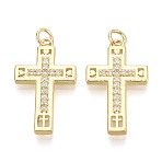 Religion Brass Micro Pave Clear Cubic Zirconia Pendants, Cross Charms, Real 16K Gold Plated, 26.5x15x3mm, Hole: 3mm, Jump Ring: 5x0.8mm, 3mm inner diameter(KK-T080-49G)