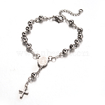 Tarnish Resistant Rosary Bead Bracelets with Cross, 201 Stainless Steel Bracelet for Easter, Oval with Virgin Mary, Stainless Steel Color, 7-1/2 inch(190mm)(X-BJEW-E282-03P)