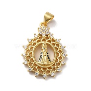 Rack Plating Brass Micro Pave Clear Cubic Zirconia Pendants, Long-Lasting Plated, Lead Free & Cadmium Free, Flower with Saint Charm, Real 18K Gold Plated, 26.5x20x4mm, Hole: 5x3.5mm(KK-F853-04G)