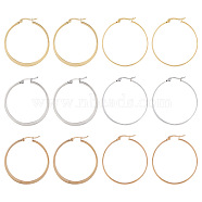 Pandahall 6 Pairs 6 Style 304 Titanium Steel Flattened Big Hoop Earrings for Women, Mixed Color, 42x40x2~3mm, Pin: 1x0.7mm, 1 pair/style(STAS-TA0001-89)