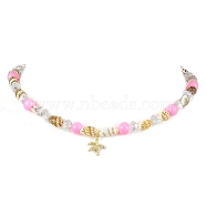 Natural Sea Shell Beaded Necklaces, with Glass and Brass Charms, Hot Pink, 14.84 inch(37.7cm)(NJEW-JN04796-01)