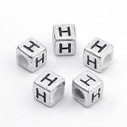Plated Acrylic Beads, Horizontal Hole, Cube with Letter, Antique Silver, Letter.H, 6mm, Hole: 3mm, about 3000pcs/500g(PB43C9308-H)