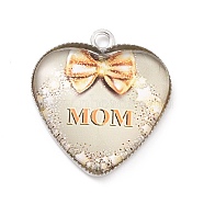 Mother's Day Alloy Pendants, with Glass, Platinum, Heart Charm with Word Mom, Light Grey, 23x20.5x4mm, Hole: 2mm(FIND-A014-01B)