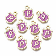 Alloy Enamel Charms, Cadmium Free & Lead Free, Shield with Initial Letters, Light Gold, Letter.P, 14x10x2mm, Hole: 2mm(ENAM-T012-03P-RS)
