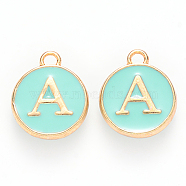 Golden Plated Alloy Enamel Charms, Cadmium Free & Lead Free, Enamelled Sequins, Flat Round with Letter, Turquoise, Letter.A, 14x12x2mm, Hole: 1.5mm(ENAM-S118-05A)