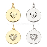 BENECREAT 4Pcs 2 Colors Eco-Friendly Brass Micro Pave Cubic Zirconia Pendants, with Jump Ring, Long-Lasting Plated, Flat Rounnd with Heart Pattren, Mixed Color, 15.7x13.7x1.7mm, 2pcs/color(ZIRC-BC0001-04)