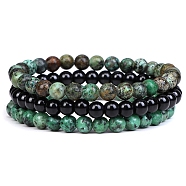 3Pcs 3 Style Natural African Turquoise(Jasper) & Black Agate Round Beaded Stretch Bracelets Set, Gemstone Stackable Bracelets for Woman, Wide: 6mm, 7-1/4~7-1/2 inch(18.5~19cm), 1Pc/style(PW23030764297)